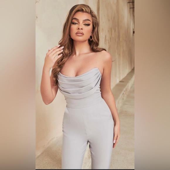 Lavish Alice Pleated Cowl Bandeau Strapless Jumpsuit in Blue Grey - Picture 11 of 11